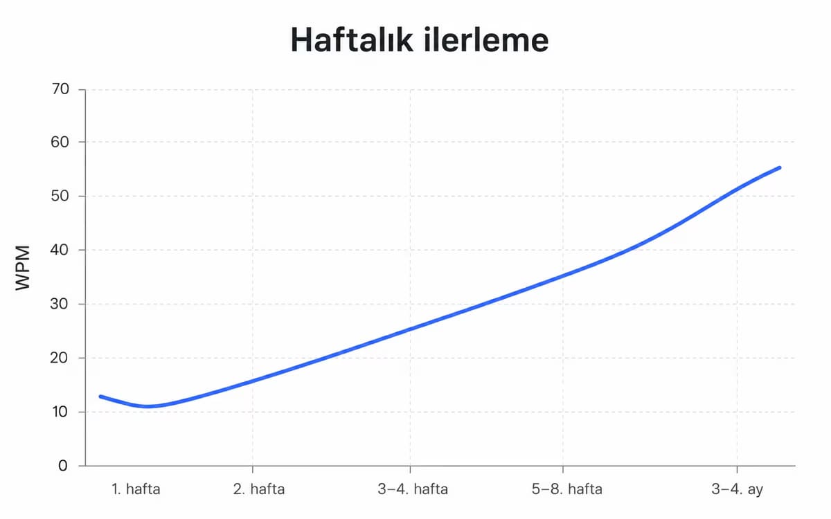 10 parmak öğrenme sürecinde haftalık ilerleme eğrisi — başta düşüş, sonra istikrarlı tırmanış