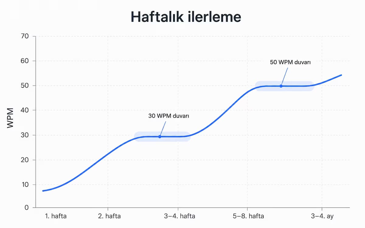 10 parmak öğrenmede 30 WPM ve 50 WPM platoları — ilerlemenin durduğu iki duvar