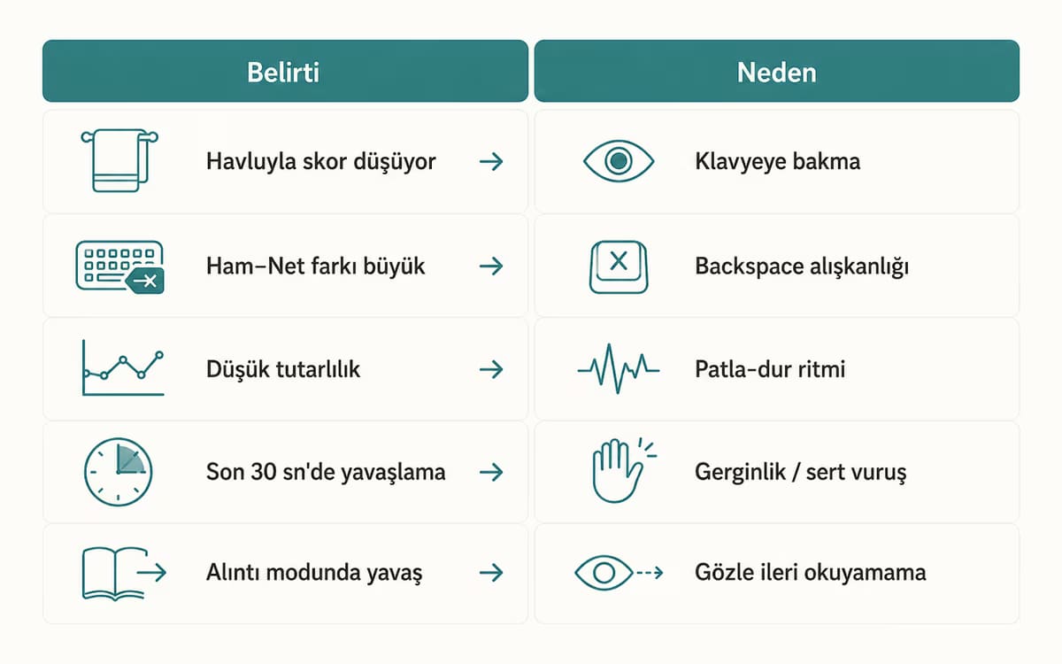 Belirtiden nedene: klavye hız testi sonucundaki desenleri okumak için bir teşhis tablosu