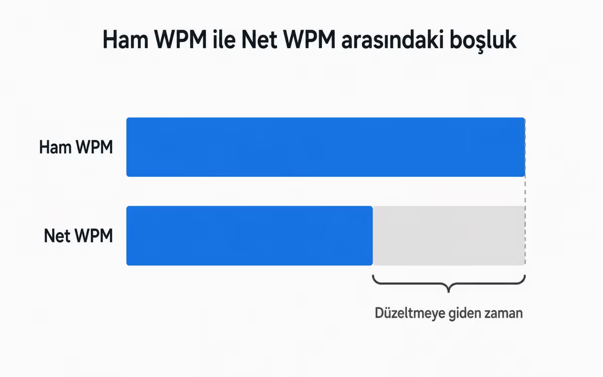 Klavye hız testinde ham WPM ile net WPM arasındaki farkın gösterimi